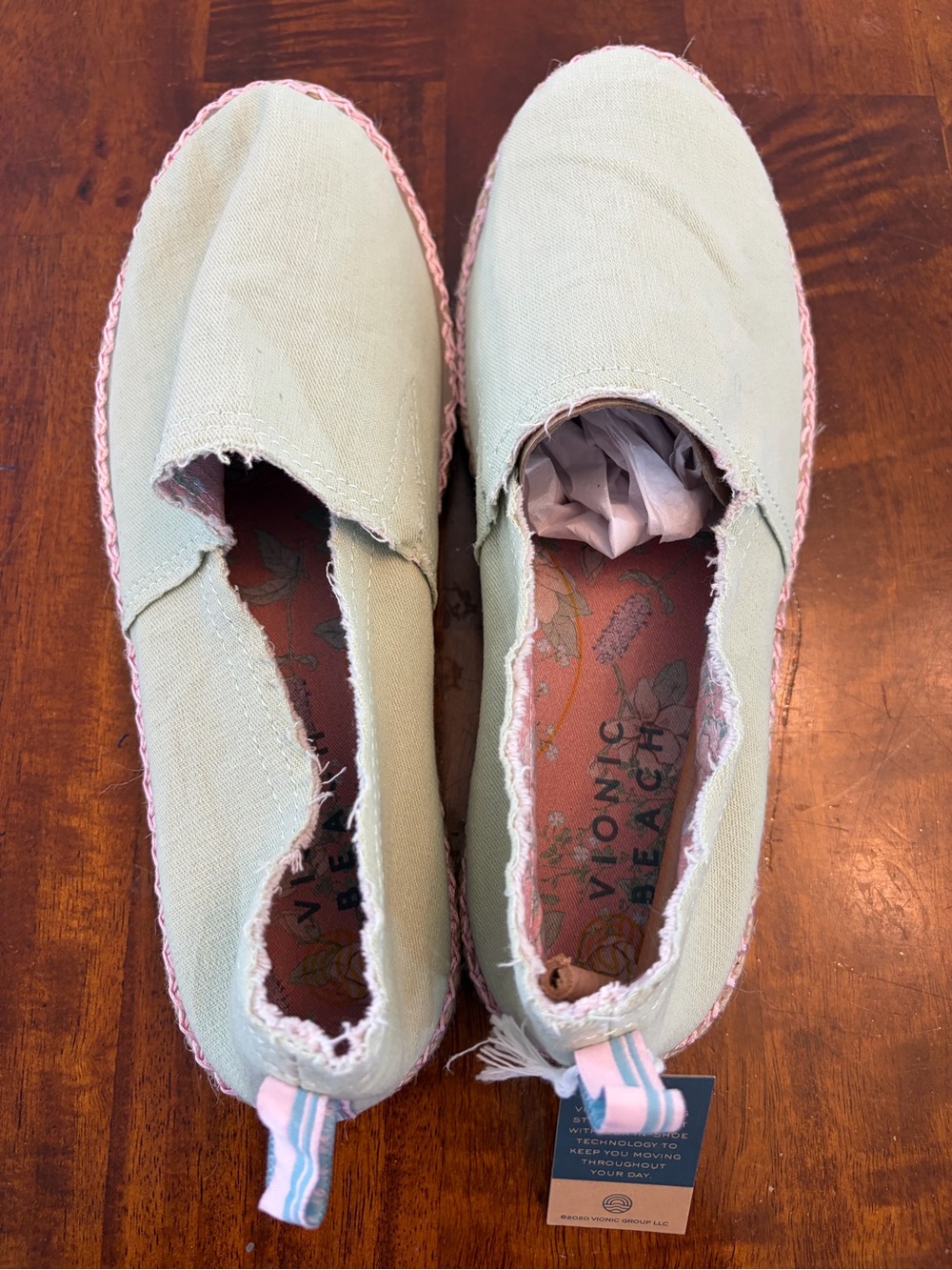 Vionic Mint Green Canvas Slip-On Espadrilles with Pink Trim